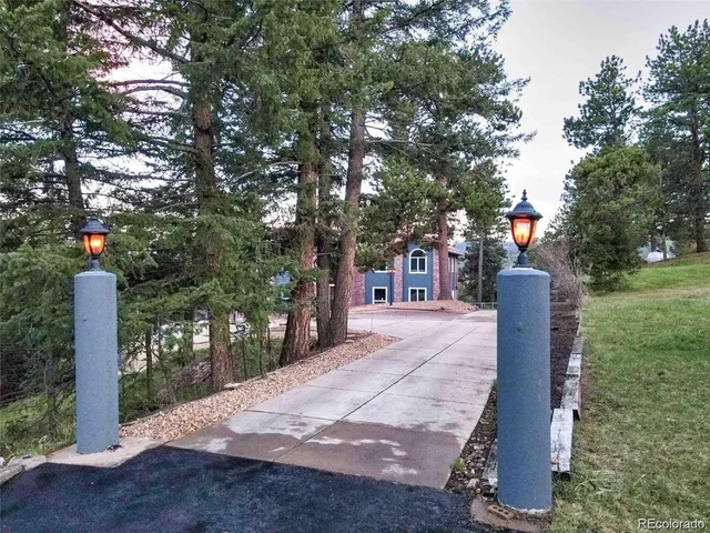 a front view of a house with a yard and trees
