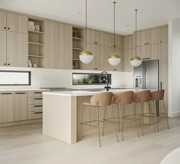 a kitchen with cabinets and chairs