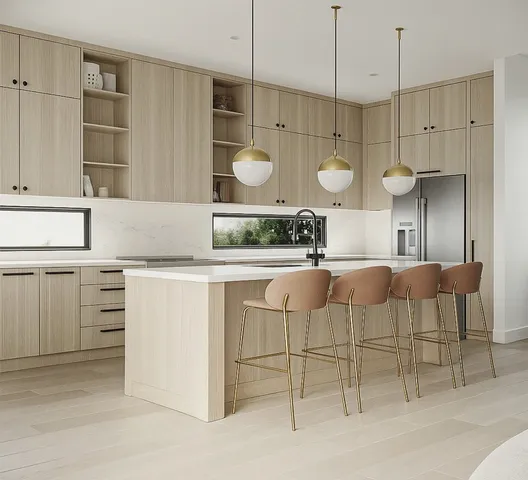 a kitchen with cabinets and chairs