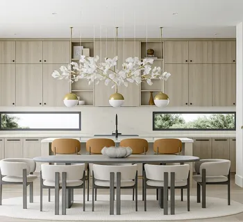a table with chairs and white cabinets