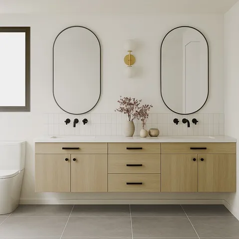 a bathroom with a sink a mirror and a potted plant