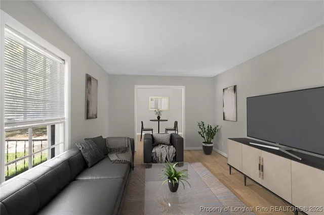 a living room with furniture windows and a flat screen tv