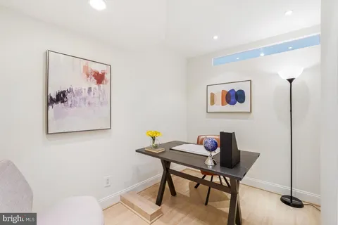 a workspace with furniture and wall paintings