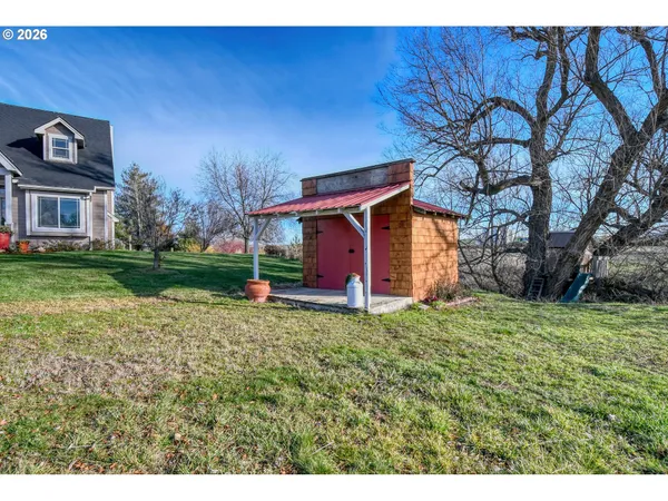 a view of a house with a big yard and a large tree