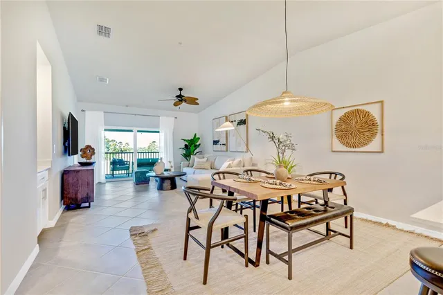 a view of a dining room with furniture