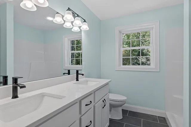 a bathroom with a sink a toilet and a mirror