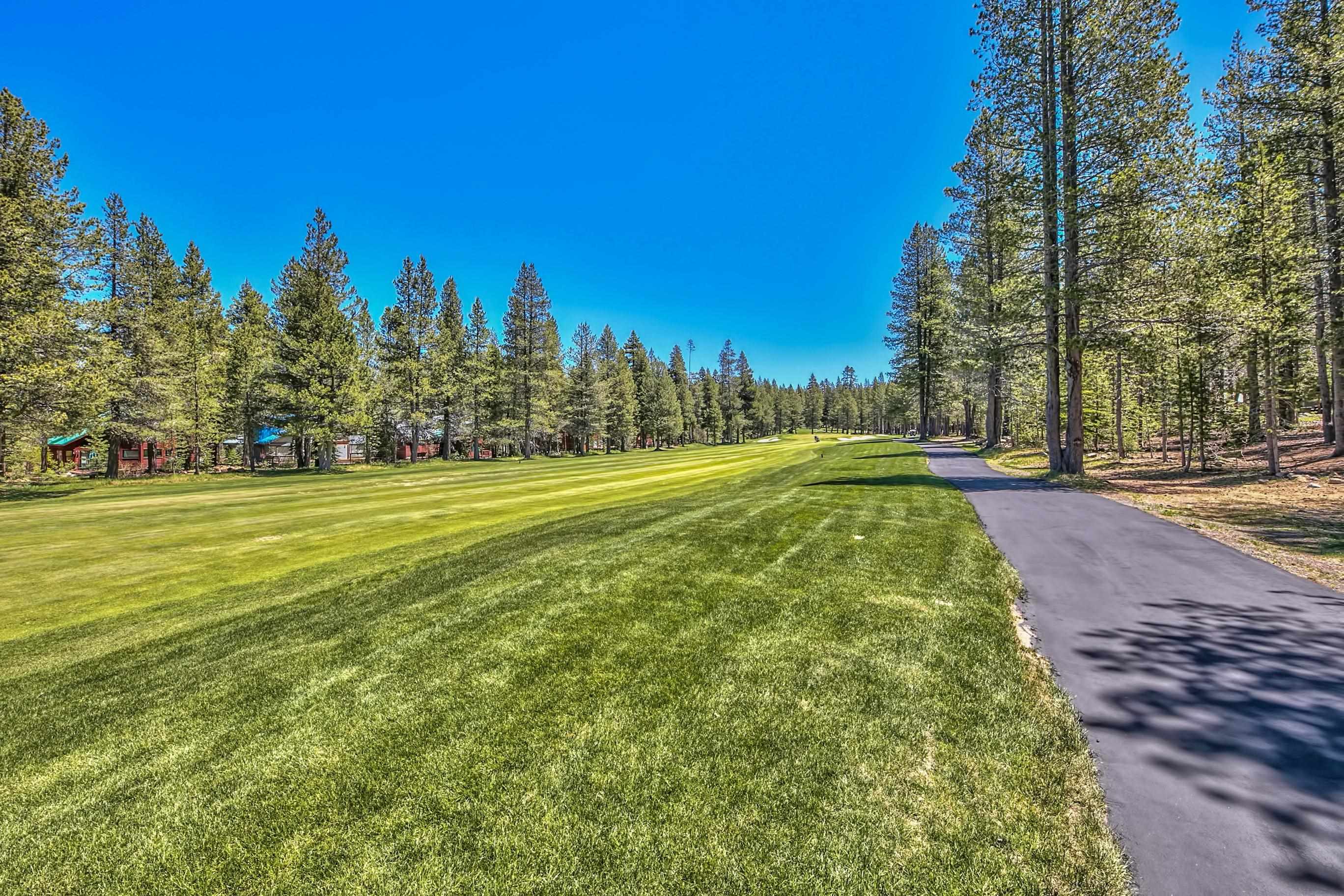 a view of a field with trees in the background