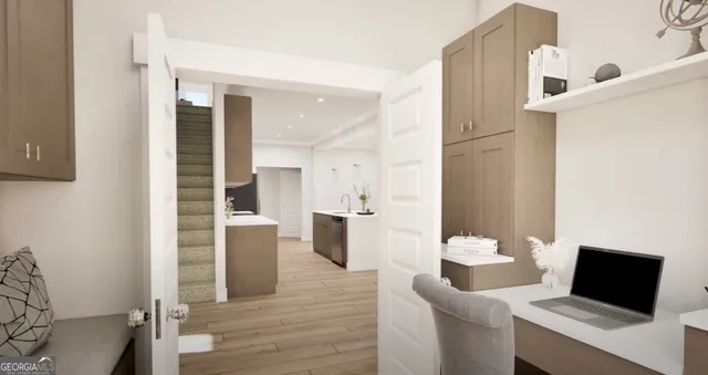 a living room with furniture and wooden floor