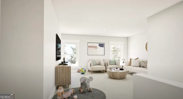 a living room with furniture and a table