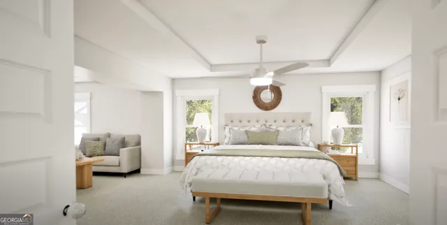 a bedroom with a bed couch and window