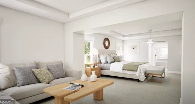 a bedroom with furniture and a chandelier