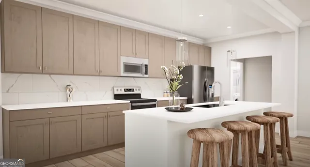 a kitchen with a sink a stove and chairs