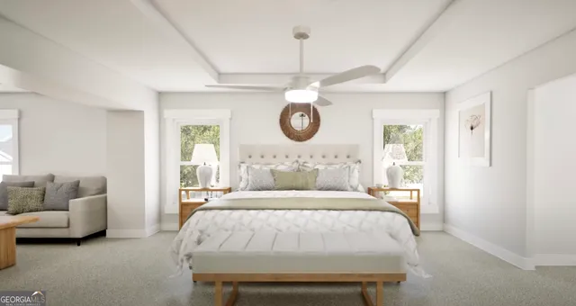 a bedroom with a bed mirror and window