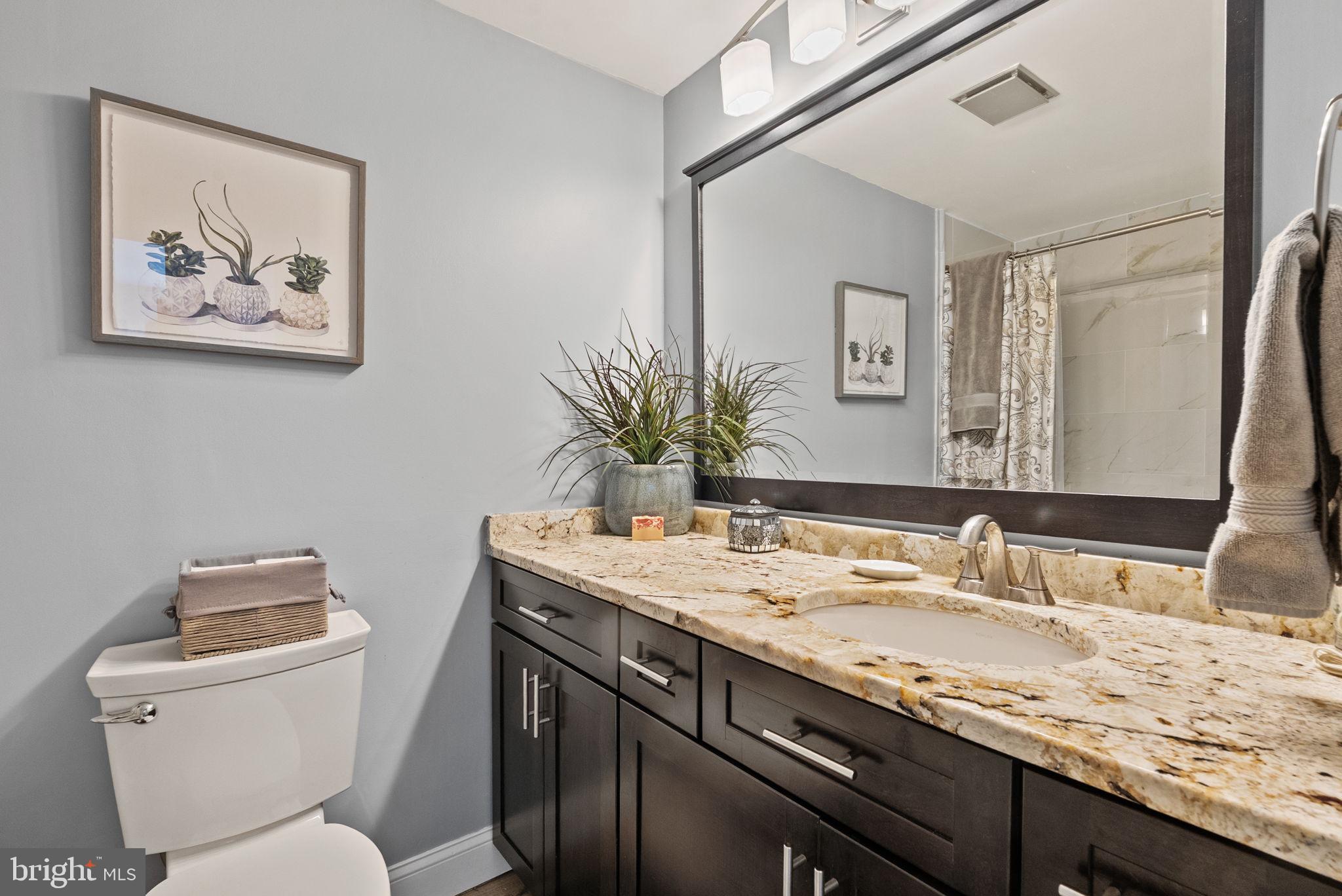 649 C Street Southeast, Unit 304 Washington, DC 20003 - Photo 19 of 37 a bathroom with a granite countertop toilet sink and mirror