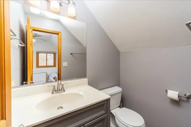 a bathroom with a sink mirror vanity and toilet