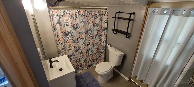 a white toilet sitting next to a shower curtain