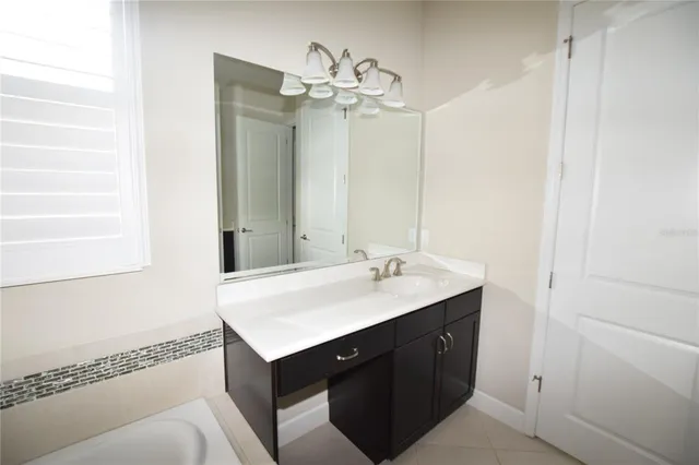 a bathroom with a tub sink and mirror