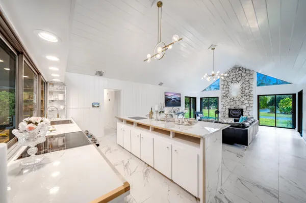 a large kitchen with kitchen island a large counter space a sink appliances and a view of living room