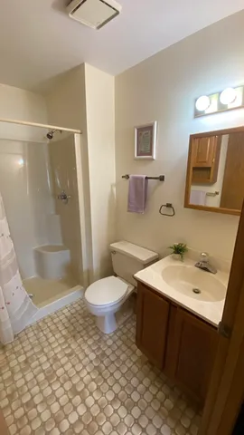 a bathroom with a sink toilet and shower