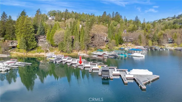 a view of a lake with boats and trees in the background