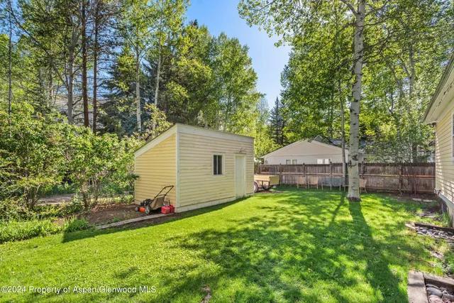 a view of a backyard with a small cabin and plants