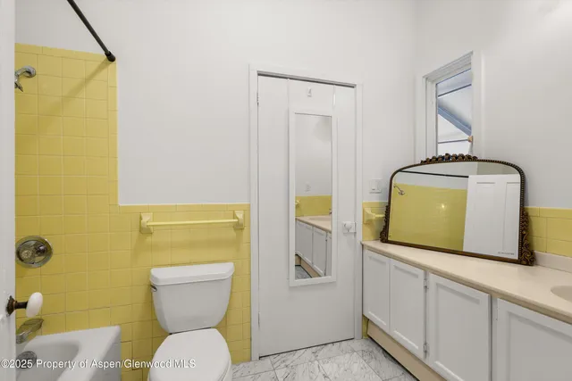 a bathroom with a toilet mirror and vanity