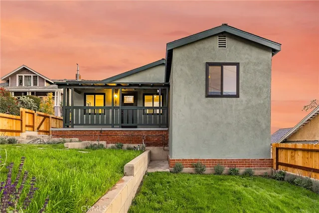front view of a house with a patio