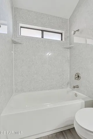 a bathroom with a bathtub and a toilet