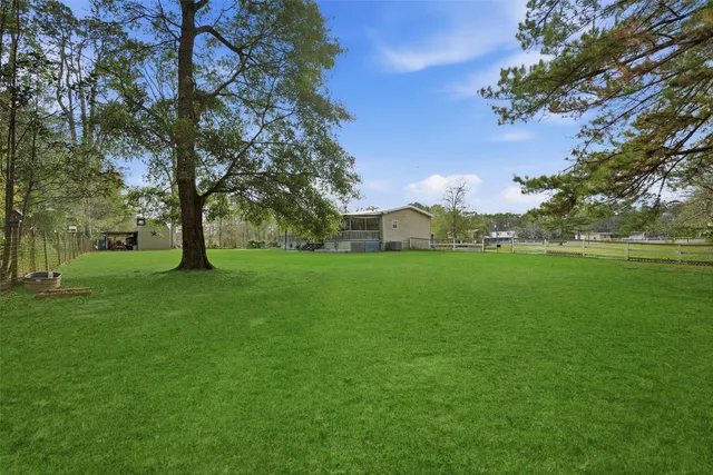 a view of green field with tree in the background