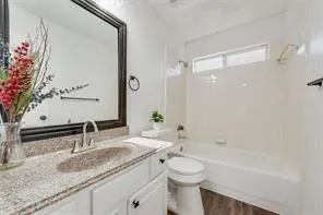 a bathroom with a granite countertop sink a toilet and shower