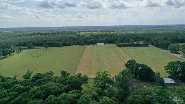 an aerial view of a residential houses with outdoor space and trees all around