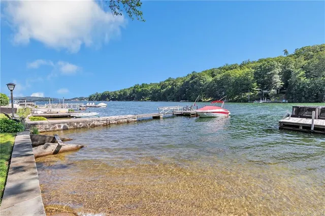 a view of a lake with beach and large trees