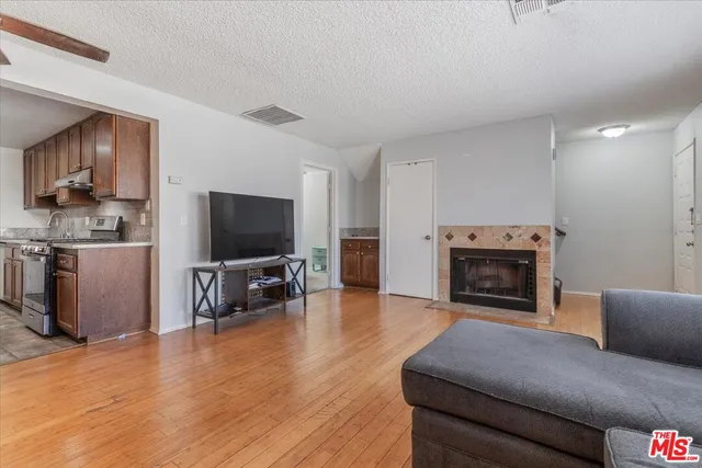a living room with furniture a flat screen tv and a fireplace