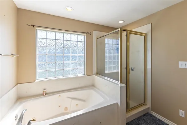 a bathroom with a bathtub and a shower