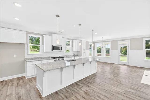 a kitchen with stainless steel appliances granite countertop a stove a sink dishwasher a refrigerator white cabinets and wooden floor next to a window