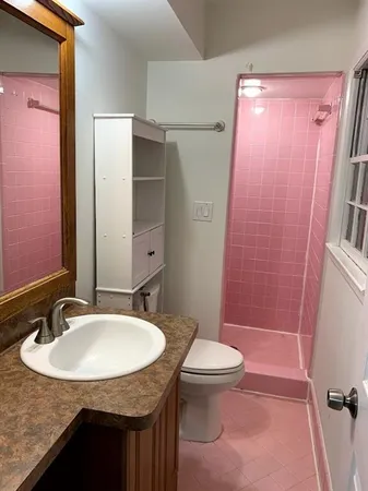 a bathroom with a sink a toilet a mirror and shower
