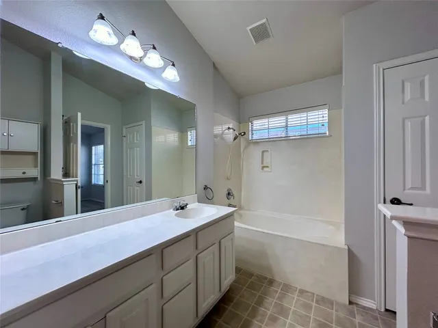 a bathroom with a double vanity sink a large mirror and shower