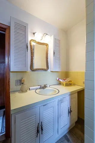 a bathroom with a sink and a mirror