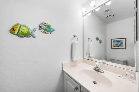 a bathroom with a sink mirror and vanity