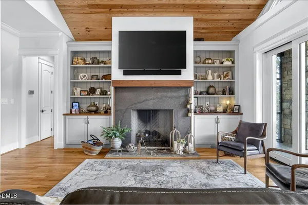 a living room with furniture fireplace and a flat screen tv