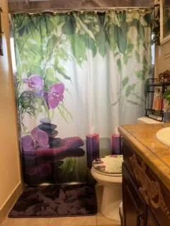 a bathroom with a sink toilet and shower