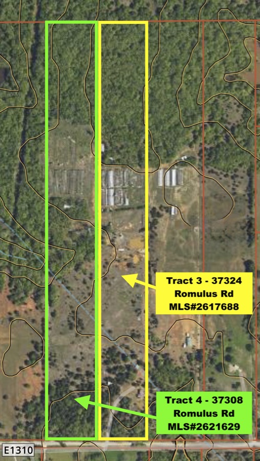 37308 Romulus Road Macomb, OK 74852 - Photo 1 of 1 Aerial Survey Map. Depicting two contiguous land tracts identified by parcel number and street address, with boundaries delineated in yellow overlay