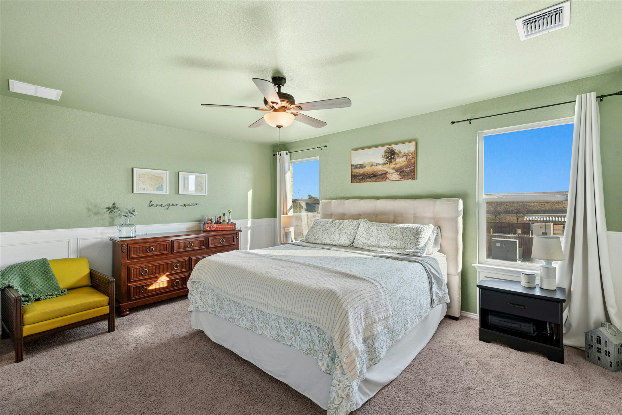 2001 Saskatoon Street Georgetown, TX 78626 - Photo 27 of 40 Carpeted bedroom featuring a ceiling fan, multiple windows, and a wainscoted wall