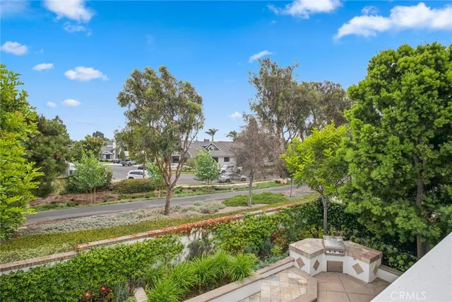 a view of a garden with an outdoor space