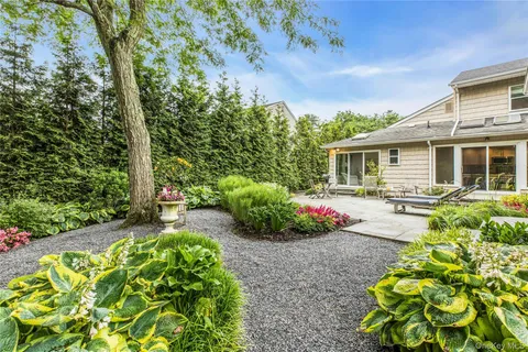 a view of a patio with table and chairs and potted plants