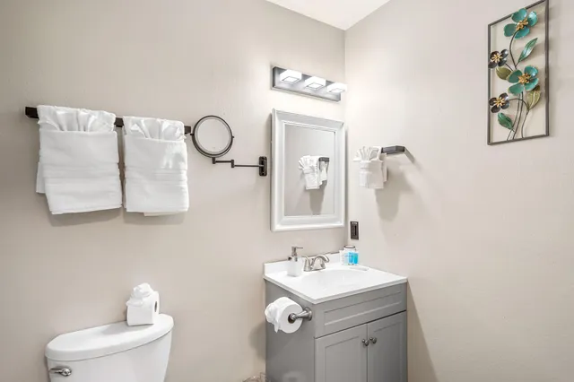 a bathroom with a toilet a sink and mirror