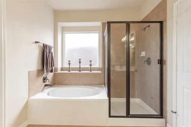 a bathroom with a bathtub and a shower