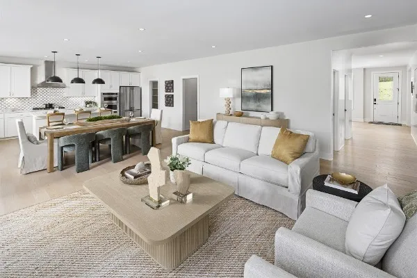 a living room with furniture and a view of kitchen