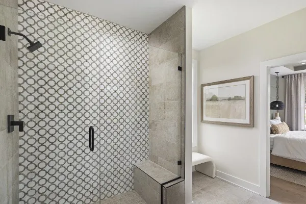 a bathroom with a shower curtain