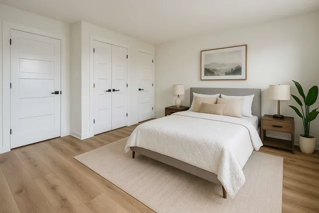 a bedroom with a bed and a painting on the wall